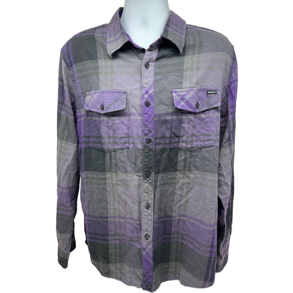 RVCA Button Down Flannel Shirt XL Mens Plaid Regular Fit Soft Material Purple